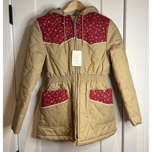 Vintage Quilted Hooded Parka Jacket Tan Red Floral Western Kids Size‎ 14 USA NWT